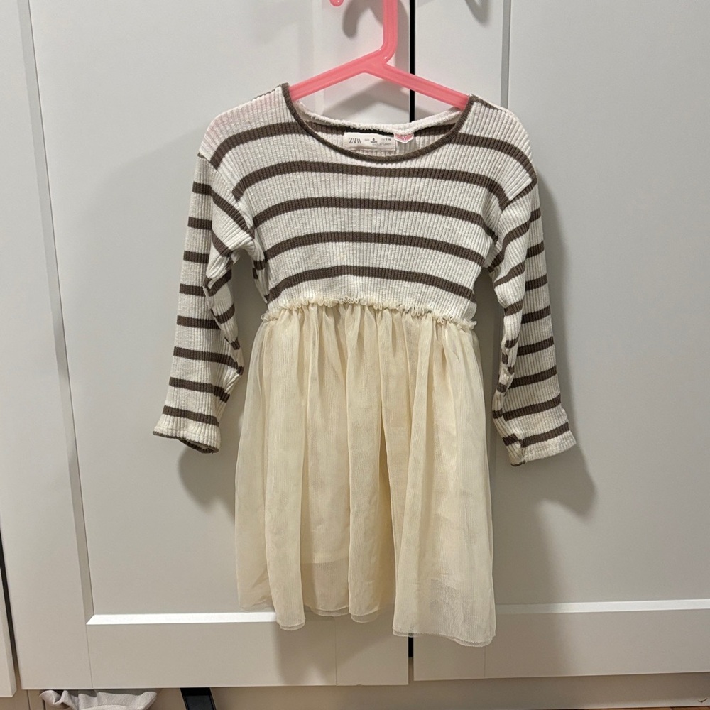 Zara Cream and Brown Striped Kids Dress